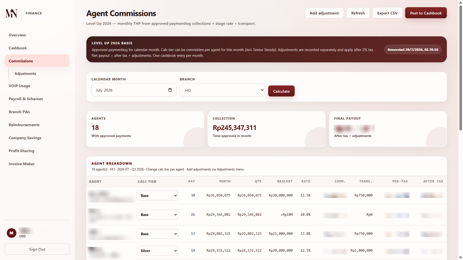 Aplikasi finance dengan komisi agent dan cashbook